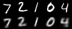 Top row: five MNIST test digits. Bottom row: the CapsNet decoder's reconstructions from the winning class capsule.